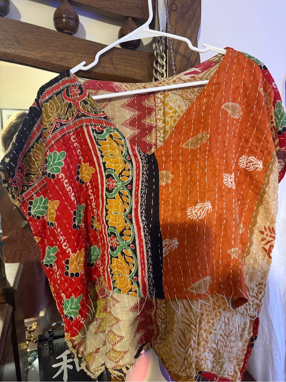 Bohemian Patchwork V-Neck Womenโs crop Top in Red & Orange. Reversible.